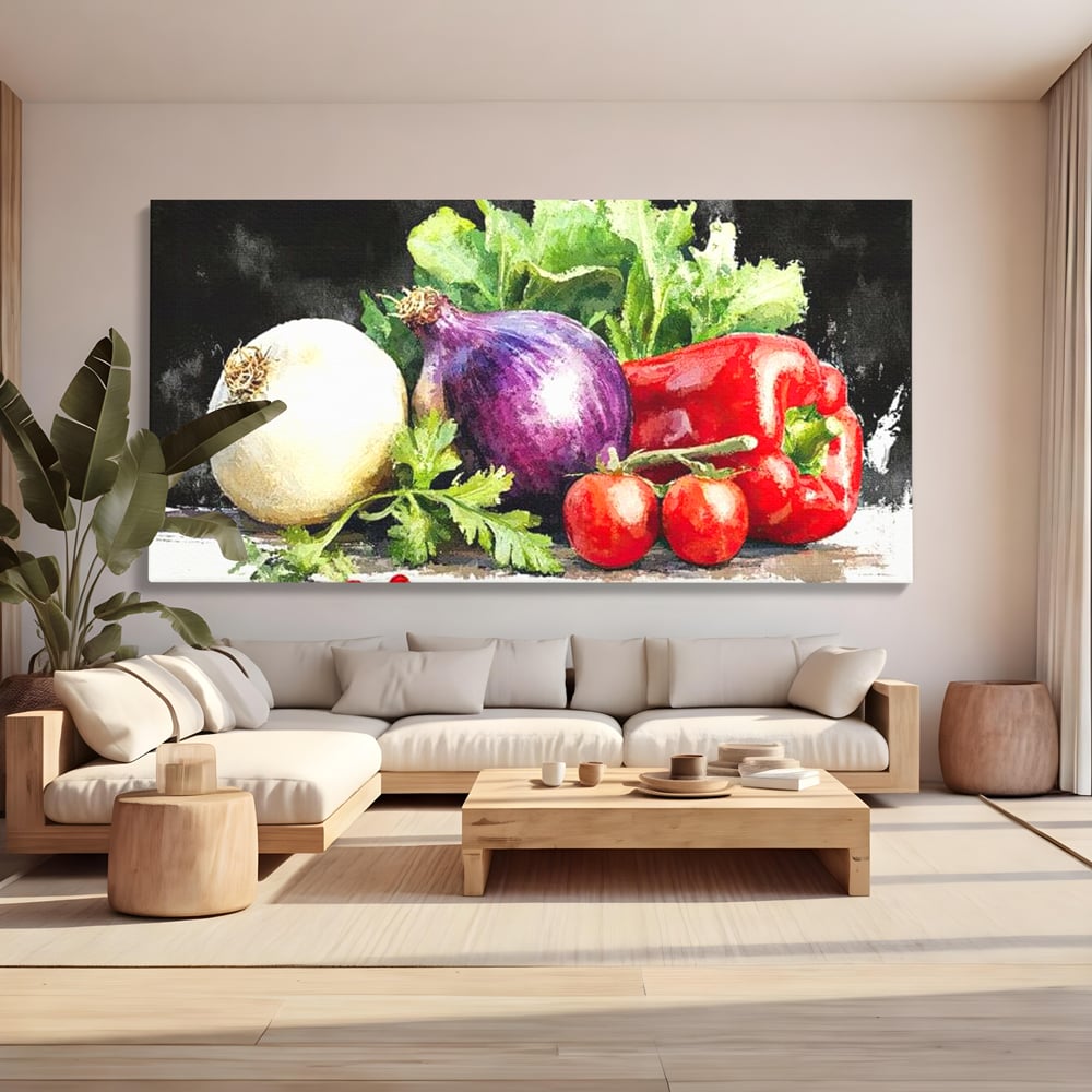 Tablou canvas cu pictura cu legume proaspete si verdeturi, fara rama, pe sasiu de lemn, pe perete intr-un living